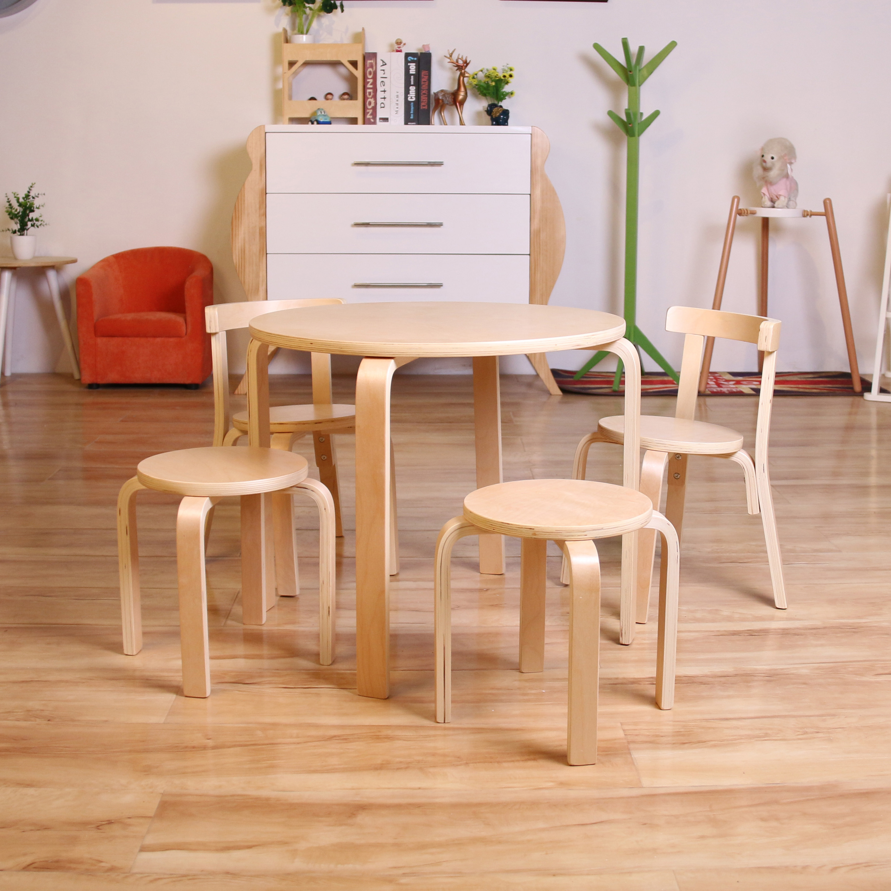 Homish HHMS-057 Larabee Kids Furniture Set Preschool Table and Chair and Stool Round Table and Stool
