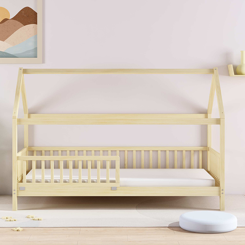 Homish HHKB-009 Wooden Kids House Bed Toddler Wood Bed with Railings